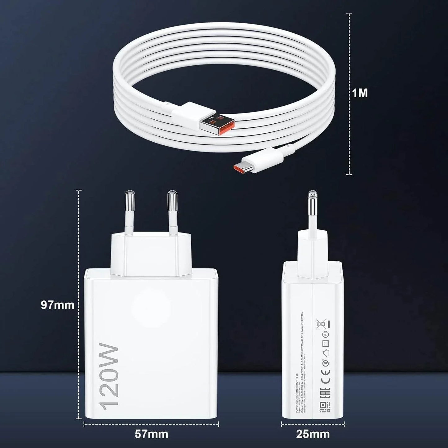 Xiaomi 120w saniyeli turbo destekli usb çıkışlı başlık ve usb typec kablo şarj seti