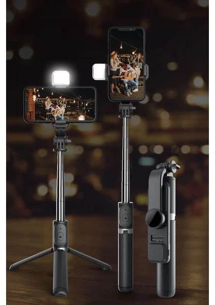 Q02s ışıklı selfie stick tripod | bluetooth kumandalı, katlanabilir, uzayabilir, 360° döner başlıklı telefon tutucu