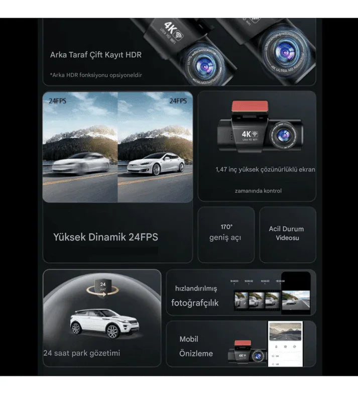 WİFİ çift ön arka 4K Araç içi Güvenlik Kamerası + Park Modu Kablosu Çift Kamera Kayıt Cihazı GPS Gece Görüşü mikrofonlu dash cam - G5V
