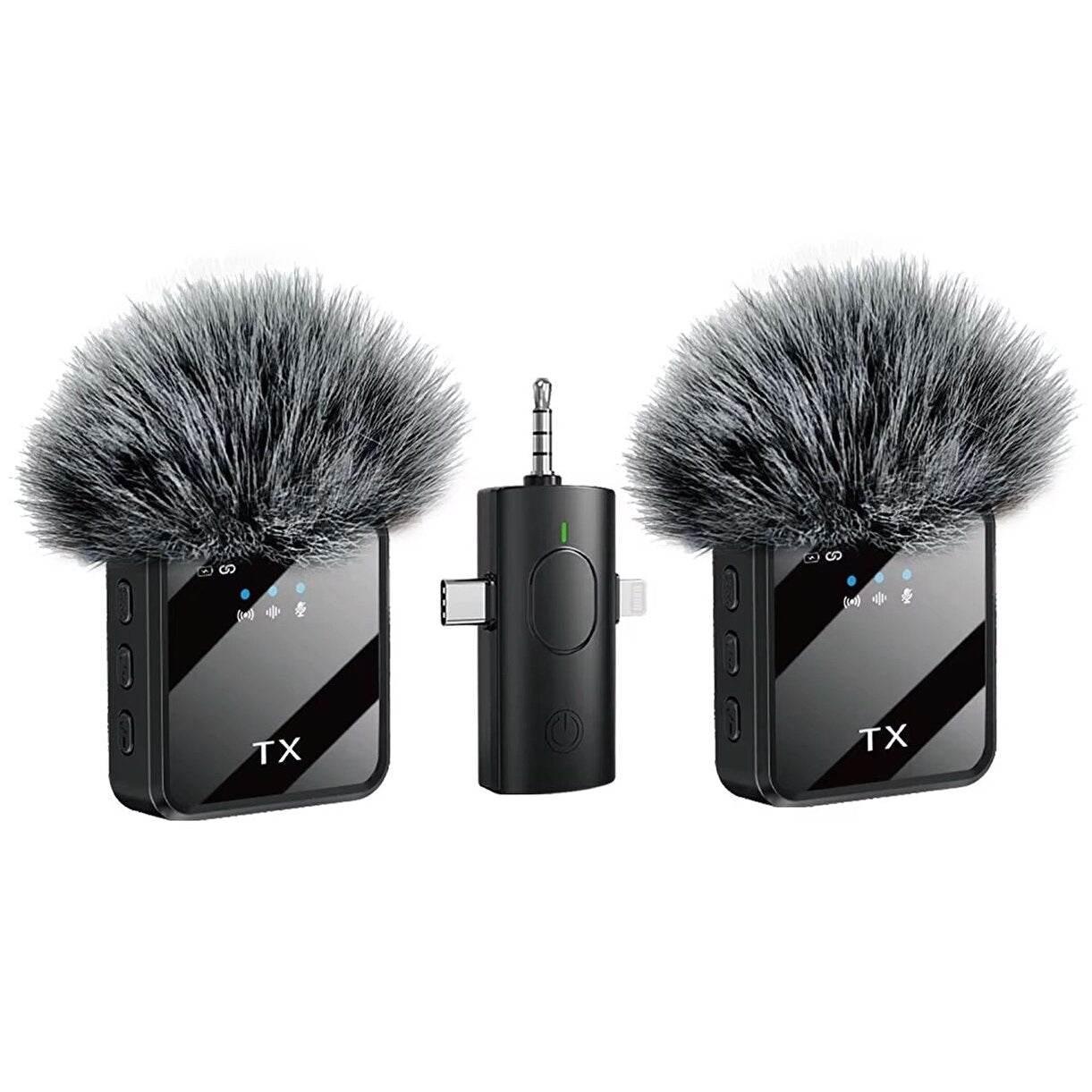 F11-2 kablosuz tx çift yaka mikrofonu | type-c + lightning + 3,5mm jak girişli | 3'ü 1 arada üniversal wireless mikrofon seti - G4A