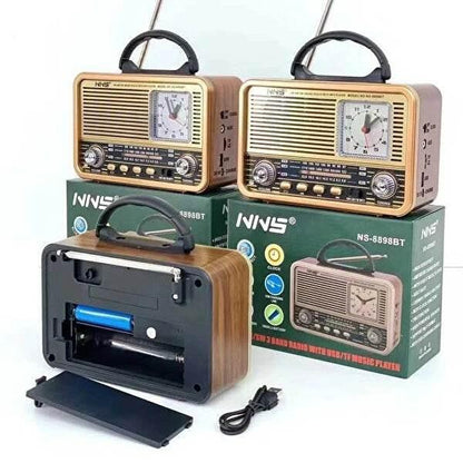 Nns ns-8898bt masa üstü saatlı nostaljik usb/tf/am/fm/radyo destekli bluetooth hoparlör