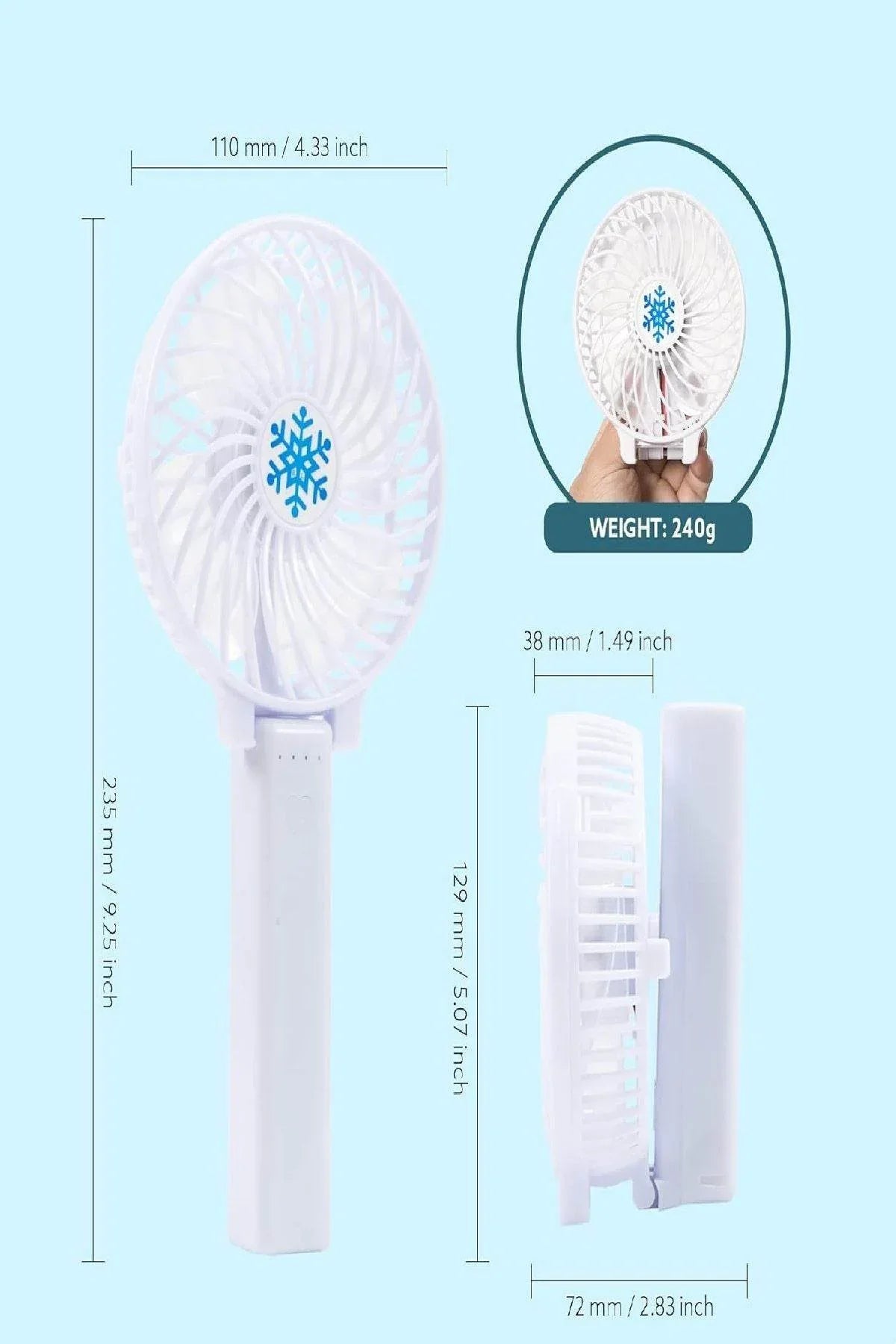 Şarj edilebilir mini el fanı | 3 kademeli hız, katlanabilir tasarım, usb’li taşınabilir fan