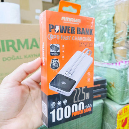 22,5W 10000 mah hızlı pd şarj destekli göztergeli kendisinden typeC lightning kablolu typeC ve usb çıkışlı powerbank apw12