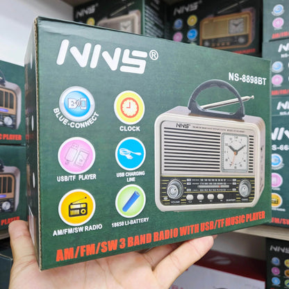 Nns ns-8898bt masa üstü saatlı nostaljik usb/tf/am/fm/radyo destekli bluetooth hoparlör