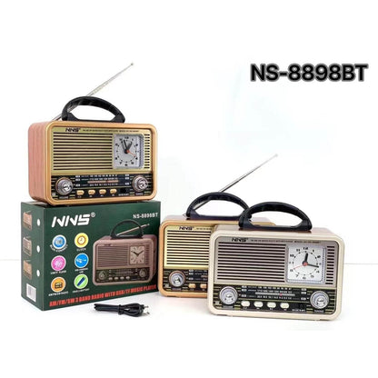 Nns ns-8898bt masa üstü saatlı nostaljik usb/tf/am/fm/radyo destekli bluetooth hoparlör