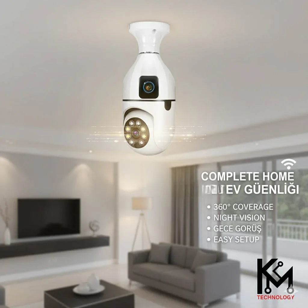 Wifi panorama Çift camera mikrofonlu 360 derece döner led ışıklı gece görüşlü full hd ampul kamera