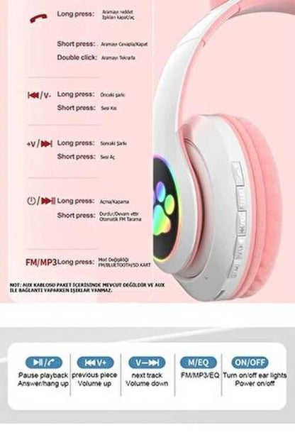 Stn28 kafa üstü led ışıklı hafıza kart destekli kedi bluetooth kulaklık