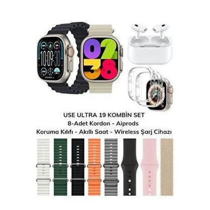 Use ultra19, 8 kordonlu ve Air pro bluetooth kulaklıklı akıllım saat kombo - A3H