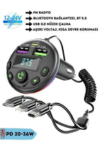 Araç içi bluetooth fm transmitter - micro typec lightning 3ü1 arada - pd 20-36w hızlı şarj, usb müzik çalar, hands-free arama g14