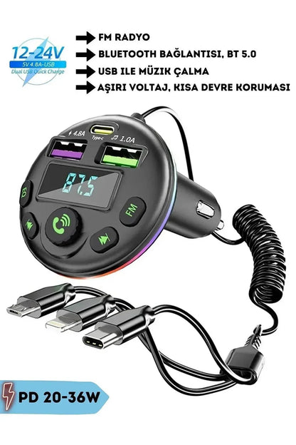 Araç içi bluetooth fm transmitter - micro typec lightning 3ü1 arada - pd 20-36w hızlı şarj, usb müzik çalar, hands-free arama g14
