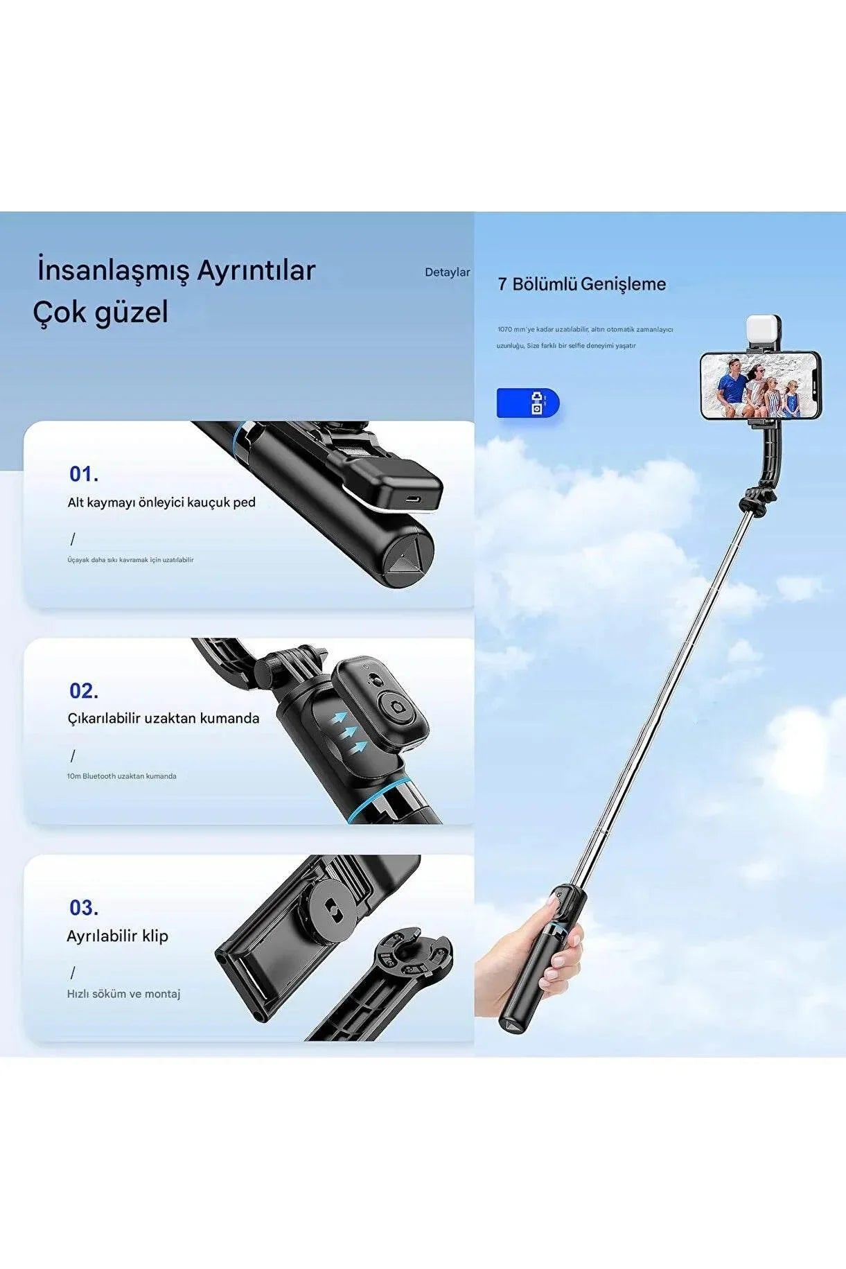C01 bluetooth kumandalı selfie stick tripod | taşınabilir, uzayabilir, ayarlanabilir, katlanabilir telefon tutucu
