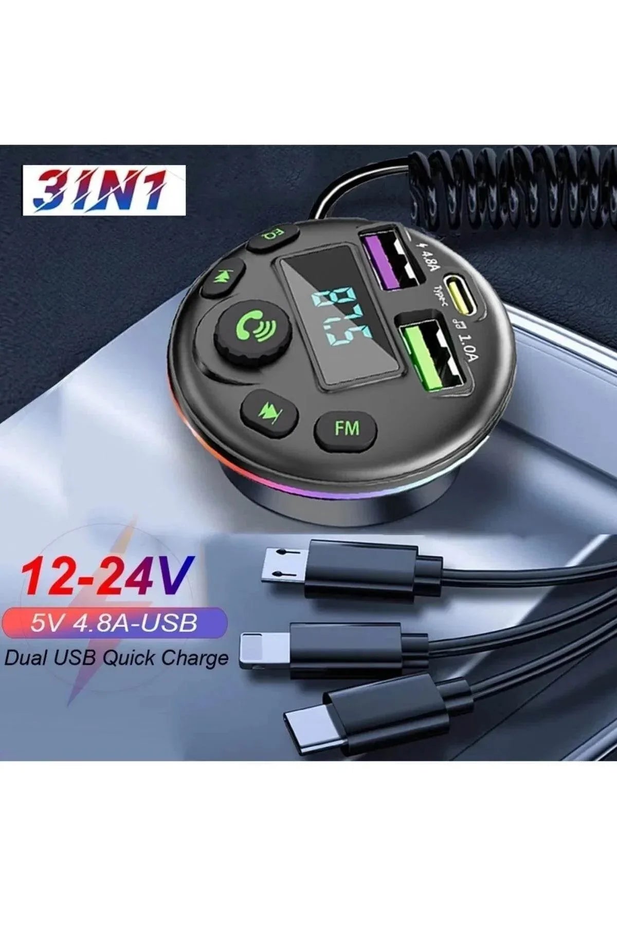 Araç içi bluetooth fm transmitter - micro typec lightning 3ü1 arada - pd 20-36w hızlı şarj, usb müzik çalar, hands-free arama g14