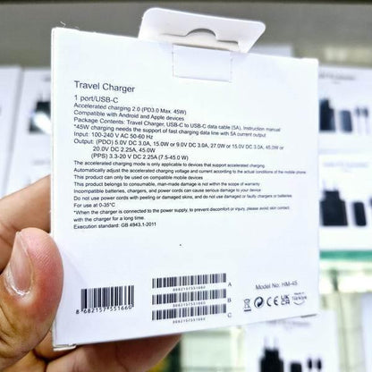 45W TypeC çıkışlı süper fast destekli ve 1m pd kablo şarj seti