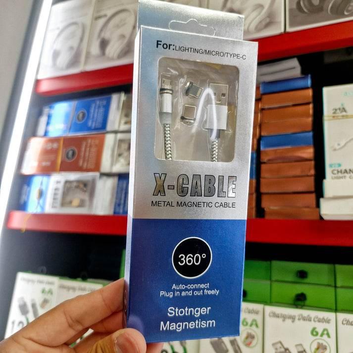 X-cable 3'ü 1 arada 2a mıknatıslı metal şarj kablosu | micro usb + type-c + lightning uçlu | 360° dönebilen manyetik kablo