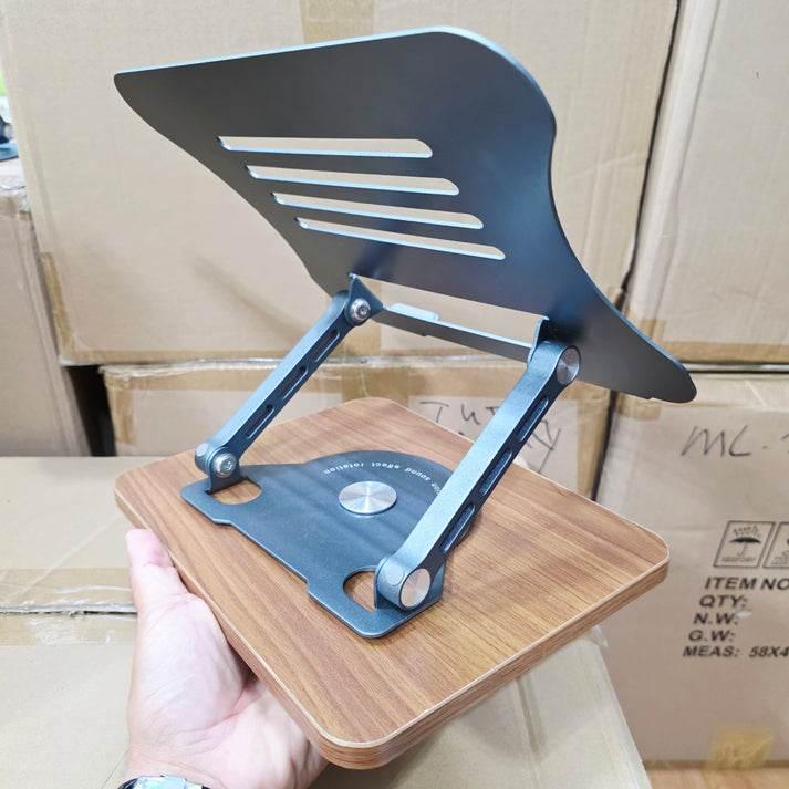 Ahşap tabanlı metal 360 derece döner ayarlanabilir yükseklik laptop ve tablet tutucu masaüstü standı Vip