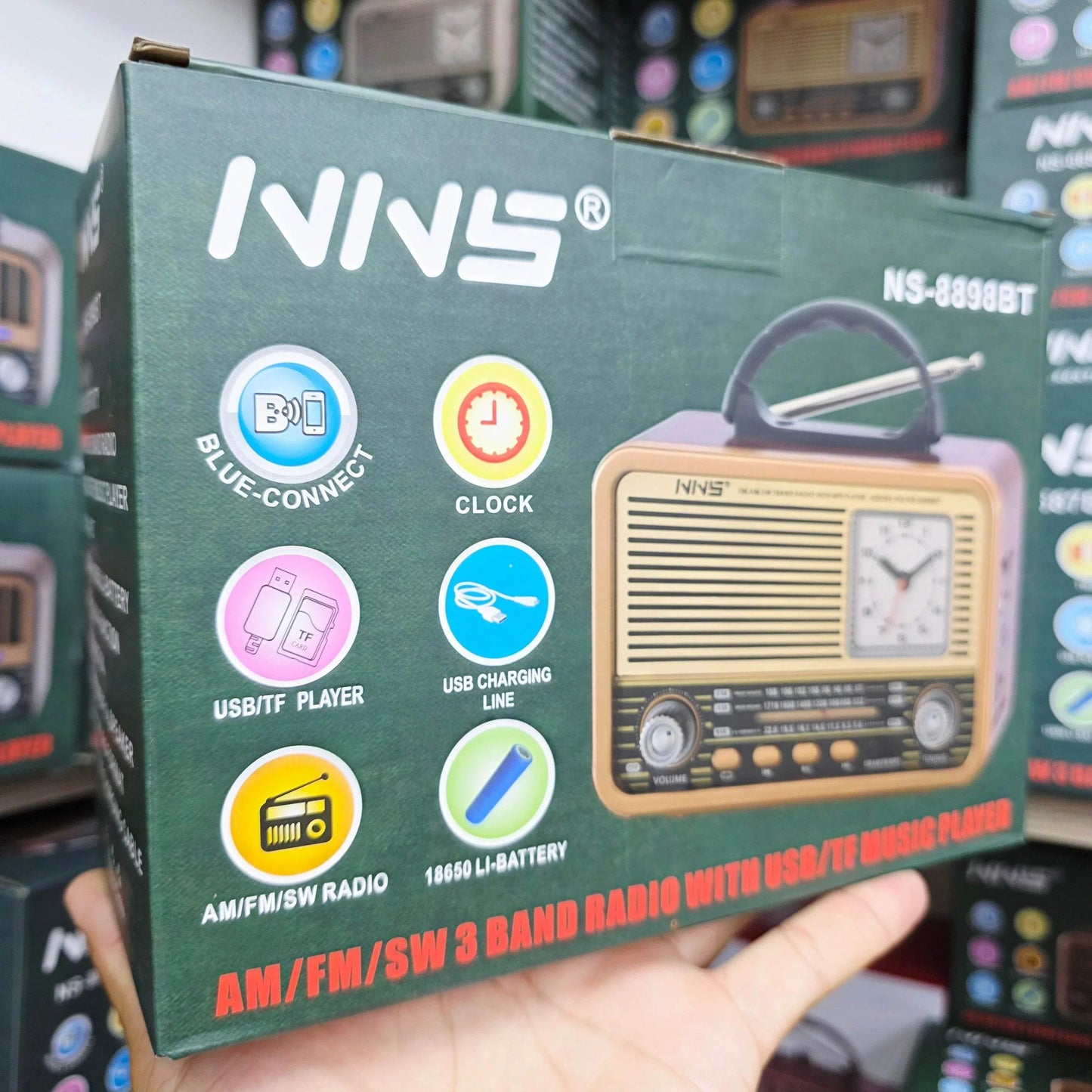 Nns ns-8898bt masa üstü saatlı nostaljik usb/tf/am/fm/radyo destekli bluetooth hoparlör