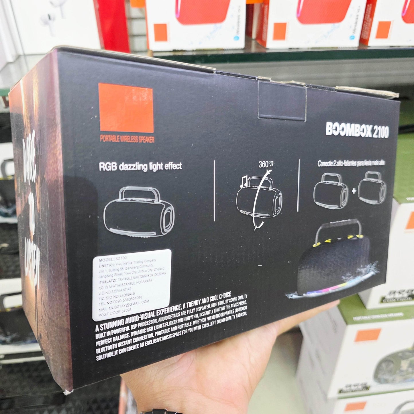 Boombox 2100 rgb ışıklı 360 derece steario ses güçlü çift bass, suya dayanıklı taşınabilir bluetooth hoparlör