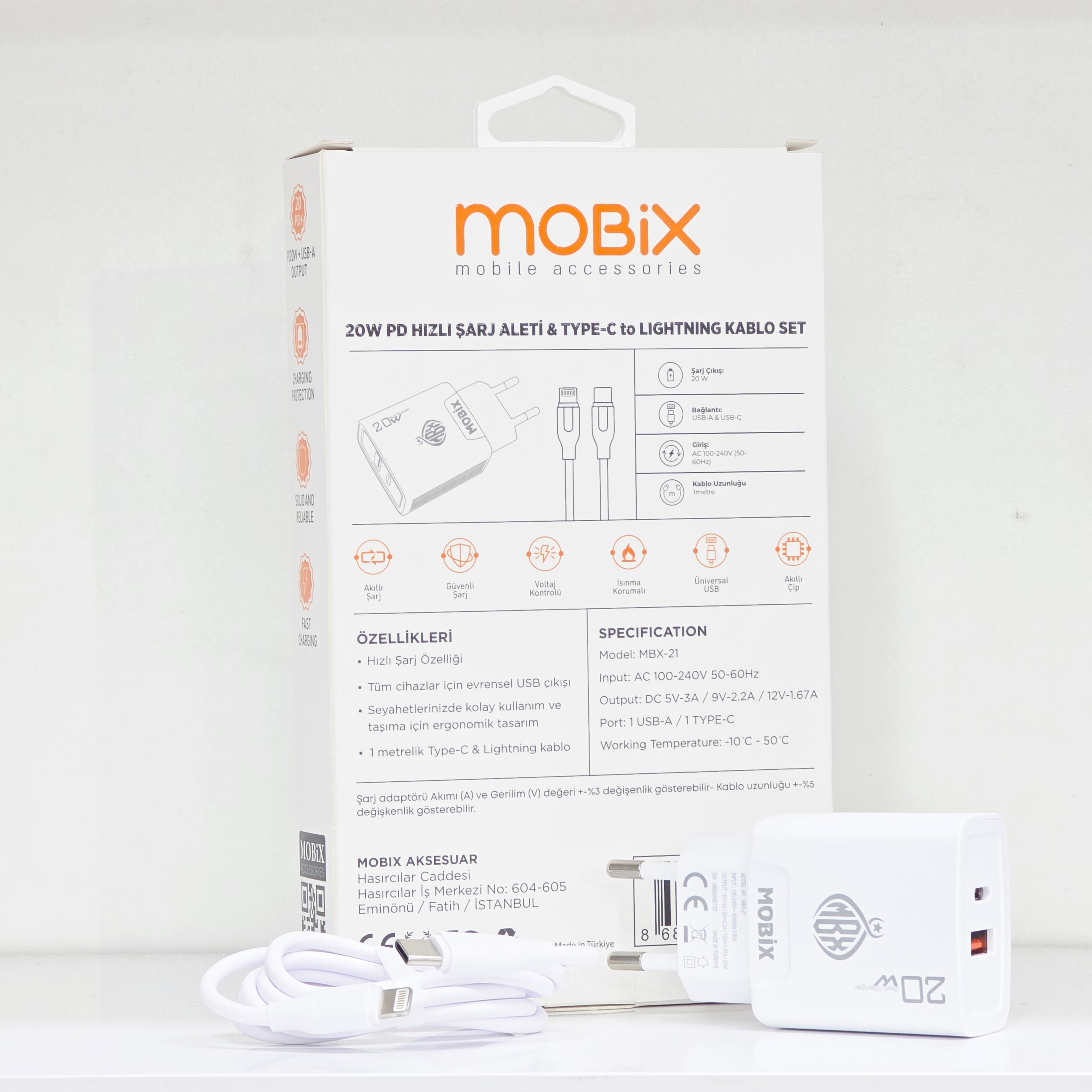 20W Usb ve TypeC çift çıkışlı şarj başlık ve 1m kablo seti