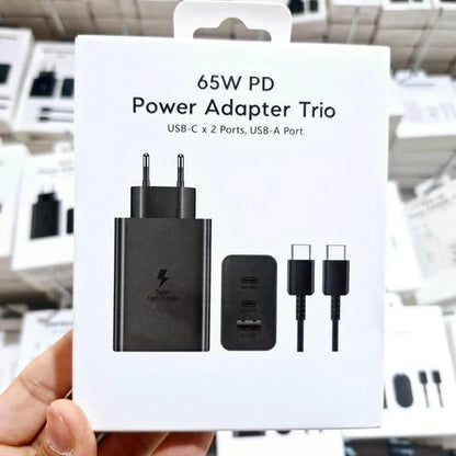 65w trio 3ü1 arada (typec 65w + typec 25w + usb 15w) çıkışlı adaptör ve typec to typec kablo hızlı şarj seti