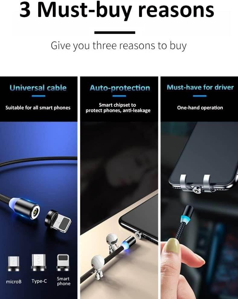 X-cable 3'ü 1 arada 2a mıknatıslı metal şarj kablosu | micro usb + type-c + lightning uçlu | 360° dönebilen manyetik kablo