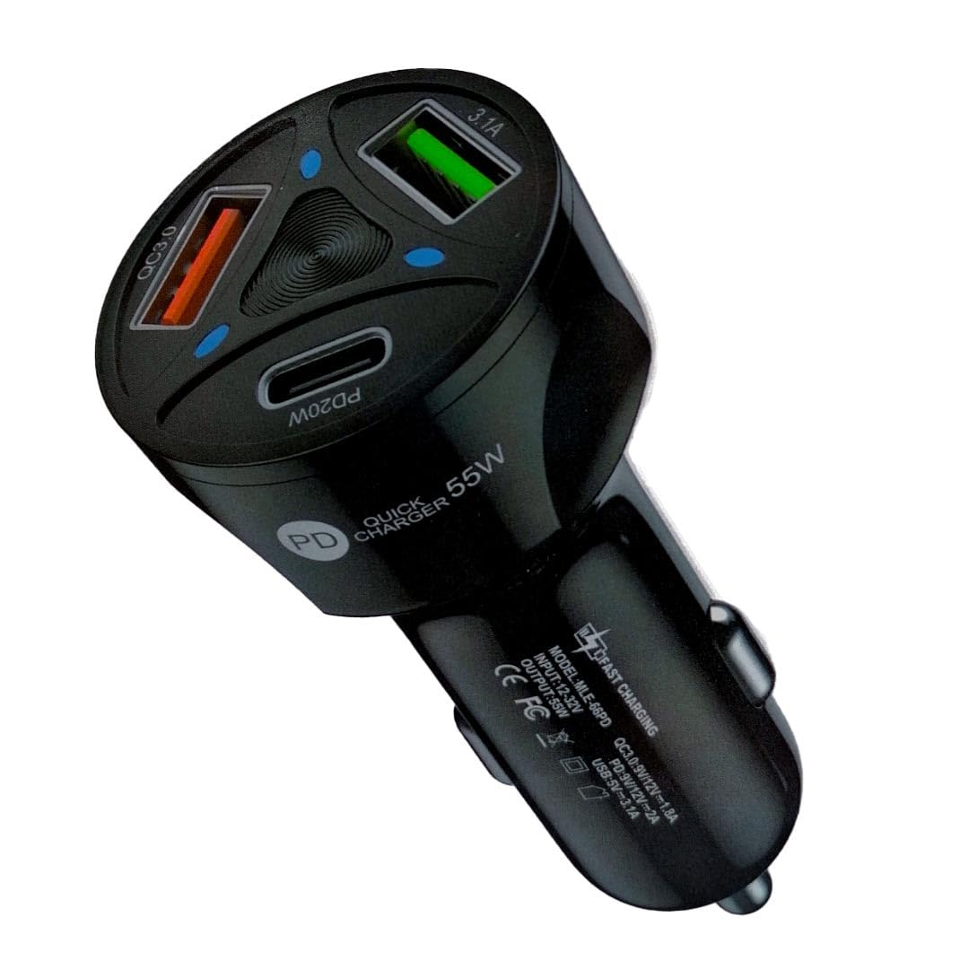 55W hızlı araç şarj başlık (2x USB-A + PD)