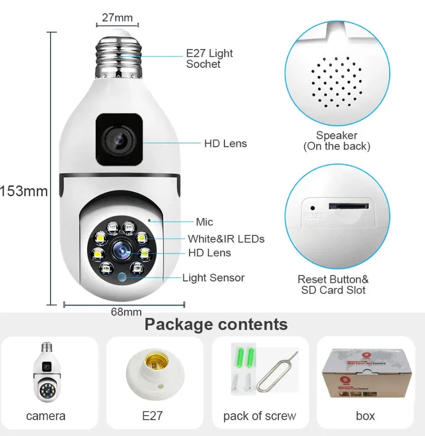 Wifi panorama Çift camera mikrofonlu 360 derece döner led ışıklı gece görüşlü full hd ampul kamera