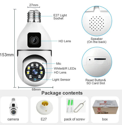 Wifi panorama Çift camera mikrofonlu 360 derece döner led ışıklı gece görüşlü full hd ampul kamera