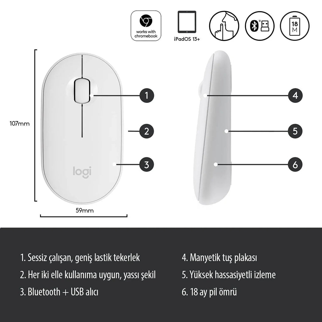 Logitech m350 slim sessiz modern ofis bluetoothlu 18 ay pil ömürlü kablosuz mouse