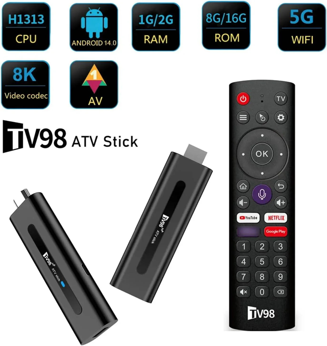 TV98 ATV Stick Mini TV Stick Android 14 H618 Dört Çekirdekli Cortex A53 Desteği 8K Video 2,4G 5G WiFi BT5,0 Sesli Uzaktan Kumanda Akıllı TV Kutusu (2+16GB)