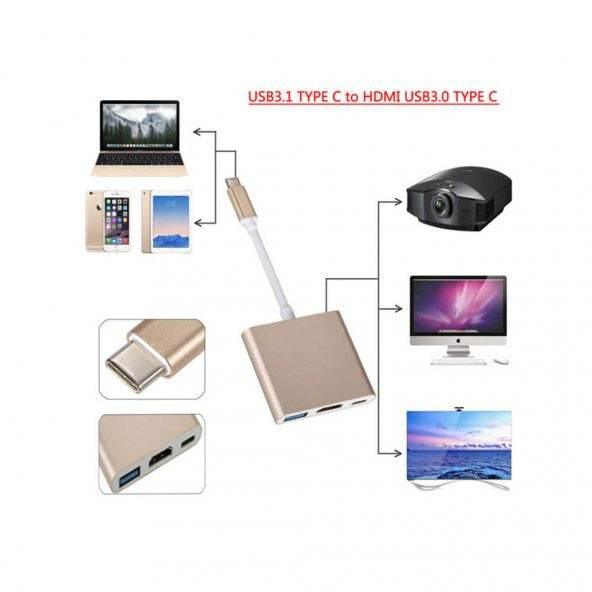 Type-c - hdmı üçü bir arada 4k adaptör kablosu – type-c'den hdmı ve usb'ye dönüştürücü