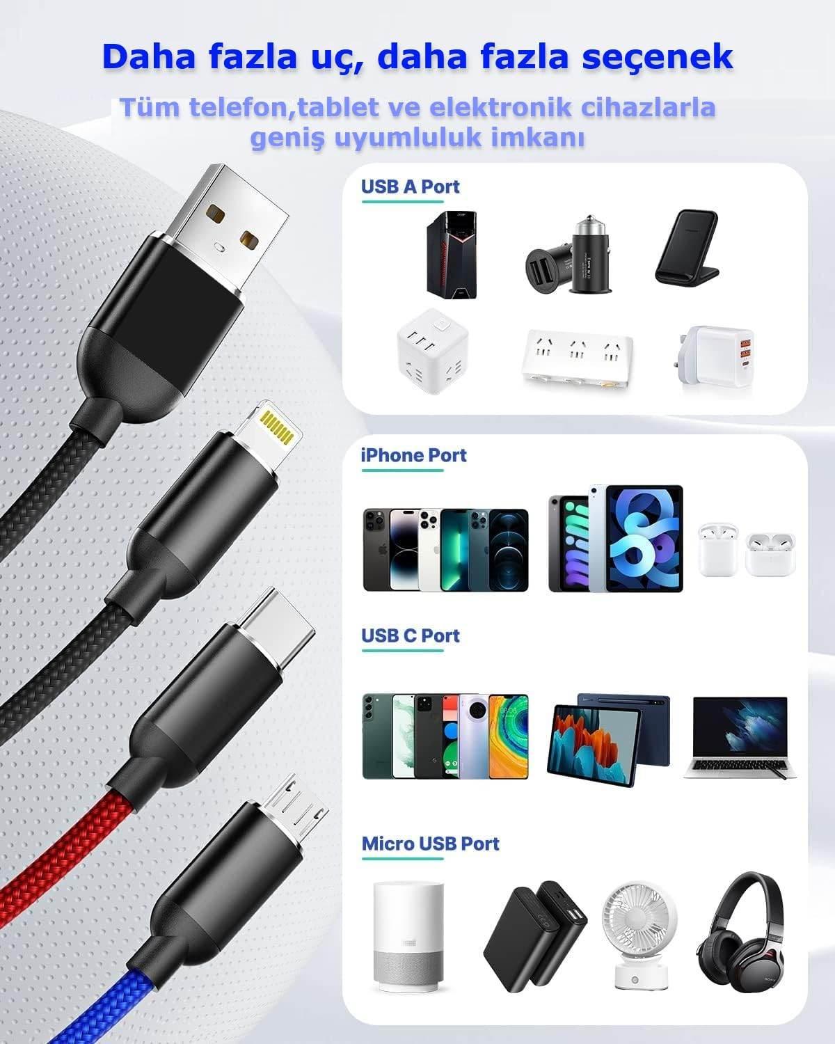 3ü1 arada usb typec micro lightning şarj ve veri aktarım kablosu 1,2 m