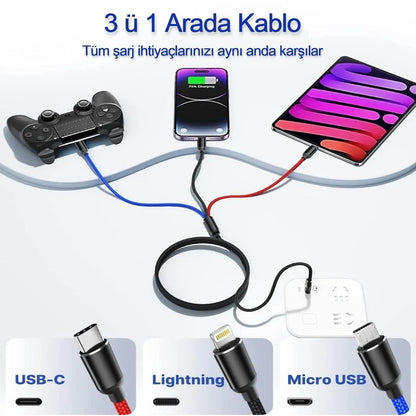 3ü1 arada usb typec micro lightning şarj ve veri aktarım kablosu 1,2 m