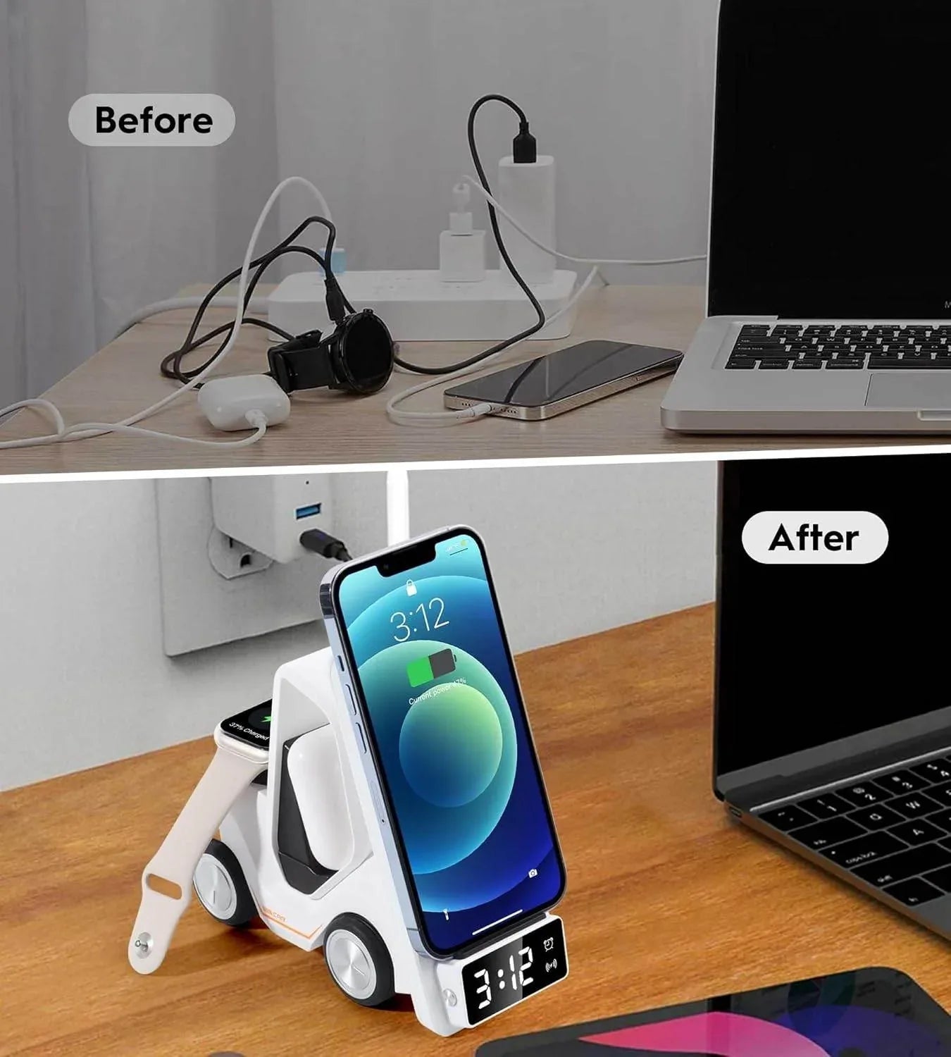 6'sı 1 Arada Kablosuz Şarj İstasyonu Araba Şeklinde – iPhone, Apple Watch, Air, Samsung ve Tüm Qi Destekli Telefonlar İçin Hızlı Kablosuz Şarj Cihazı + Alarm ve Masaüstü Organizer - S4B
