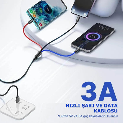3ü1 arada usb typec micro lightning şarj ve veri aktarım kablosu 1,2 m