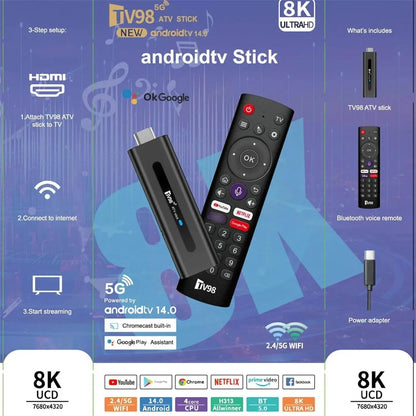 TV98 ATV Stick Mini TV Stick Android 14 H618 Dört Çekirdekli Cortex A53 Desteği 8K Video 2,4G 5G WiFi BT5,0 Sesli Uzaktan Kumanda Akıllı TV Kutusu (2+16GB)