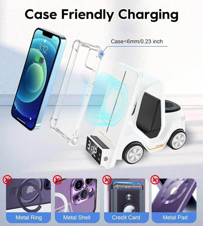 6'sı 1 Arada Kablosuz Şarj İstasyonu Araba Şeklinde – iPhone, Apple Watch, Air, Samsung ve Tüm Qi Destekli Telefonlar İçin Hızlı Kablosuz Şarj Cihazı + Alarm ve Masaüstü Organizer - S4B