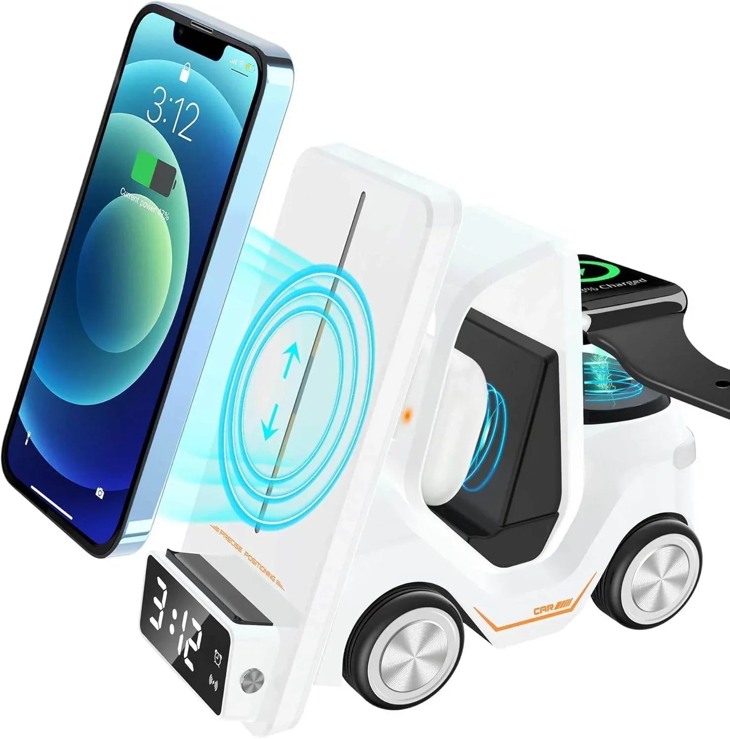 6'sı 1 Arada Kablosuz Şarj İstasyonu Araba Şeklinde – iPhone, Apple Watch, Air, Samsung ve Tüm Qi Destekli Telefonlar İçin Hızlı Kablosuz Şarj Cihazı + Alarm ve Masaüstü Organizer - S4B