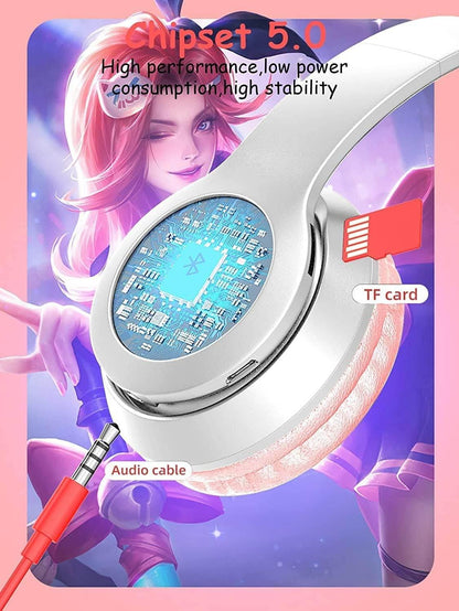 P47m kedili led ışıklı katlanabilir hafıza kartı destekli kafa üstü bluetooth kulaklık