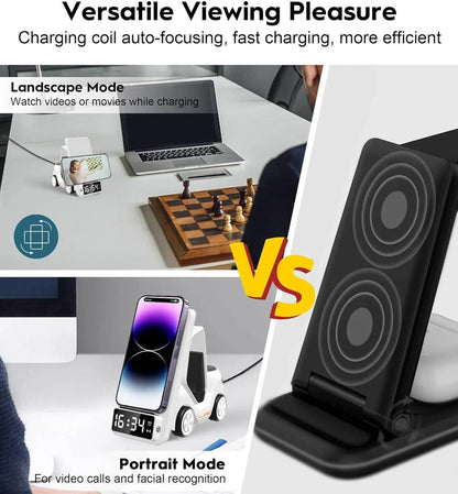 6'sı 1 Arada Kablosuz Şarj İstasyonu Araba Şeklinde – iPhone, Apple Watch, Air, Samsung ve Tüm Qi Destekli Telefonlar İçin Hızlı Kablosuz Şarj Cihazı + Alarm ve Masaüstü Organizer - S4B