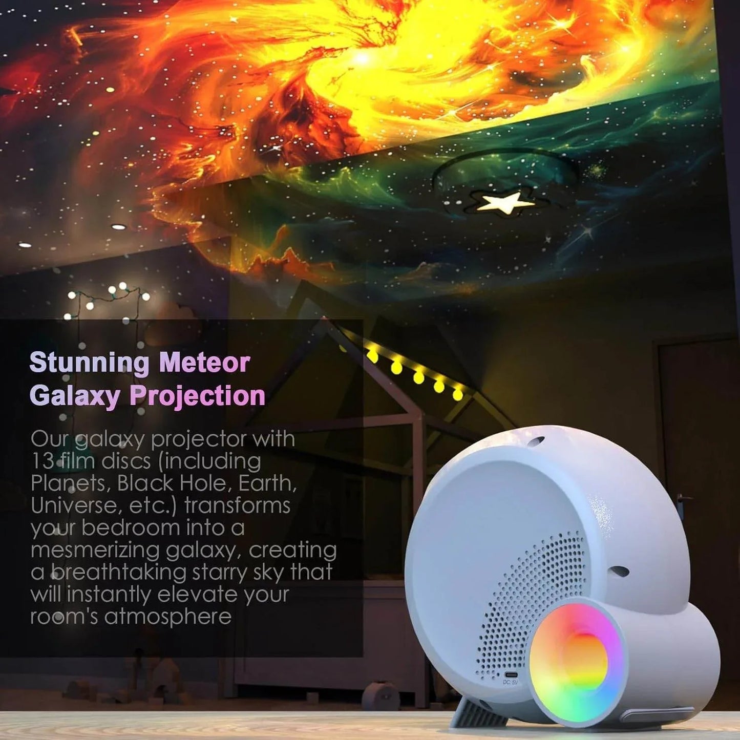 Galaxy Projektör Yıldız Gökyüzü Projeksiyon Lambası 13 Film Diski RGBCW Yatak Odası Ortam Işığı Gece Lambası BT Hoparlörler 15 Beyaz Gürültü Parçası 1H/2H/4H Uzaktan Kumanda ile Zamanlayıcı Ay