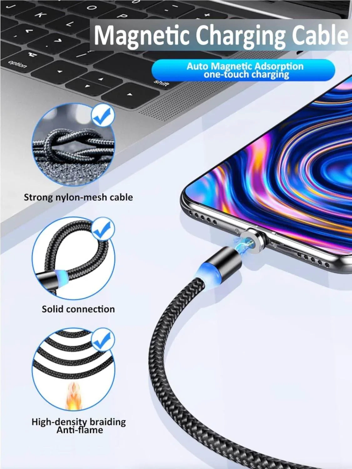 X-cable 3'ü 1 arada 2a mıknatıslı metal şarj kablosu | micro usb + type-c + lightning uçlu | 360° dönebilen manyetik kablo