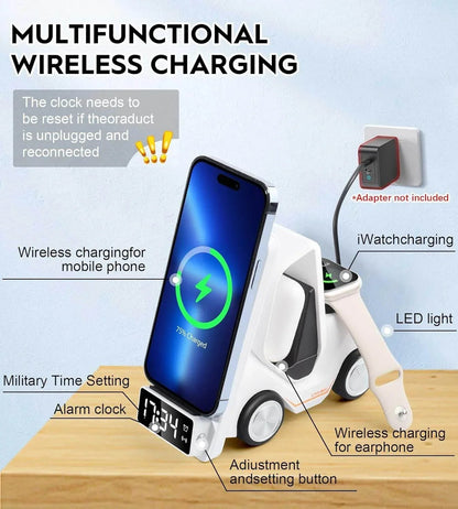6'sı 1 Arada Kablosuz Şarj İstasyonu Araba Şeklinde – iPhone, Apple Watch, Air, Samsung ve Tüm Qi Destekli Telefonlar İçin Hızlı Kablosuz Şarj Cihazı + Alarm ve Masaüstü Organizer - S4B