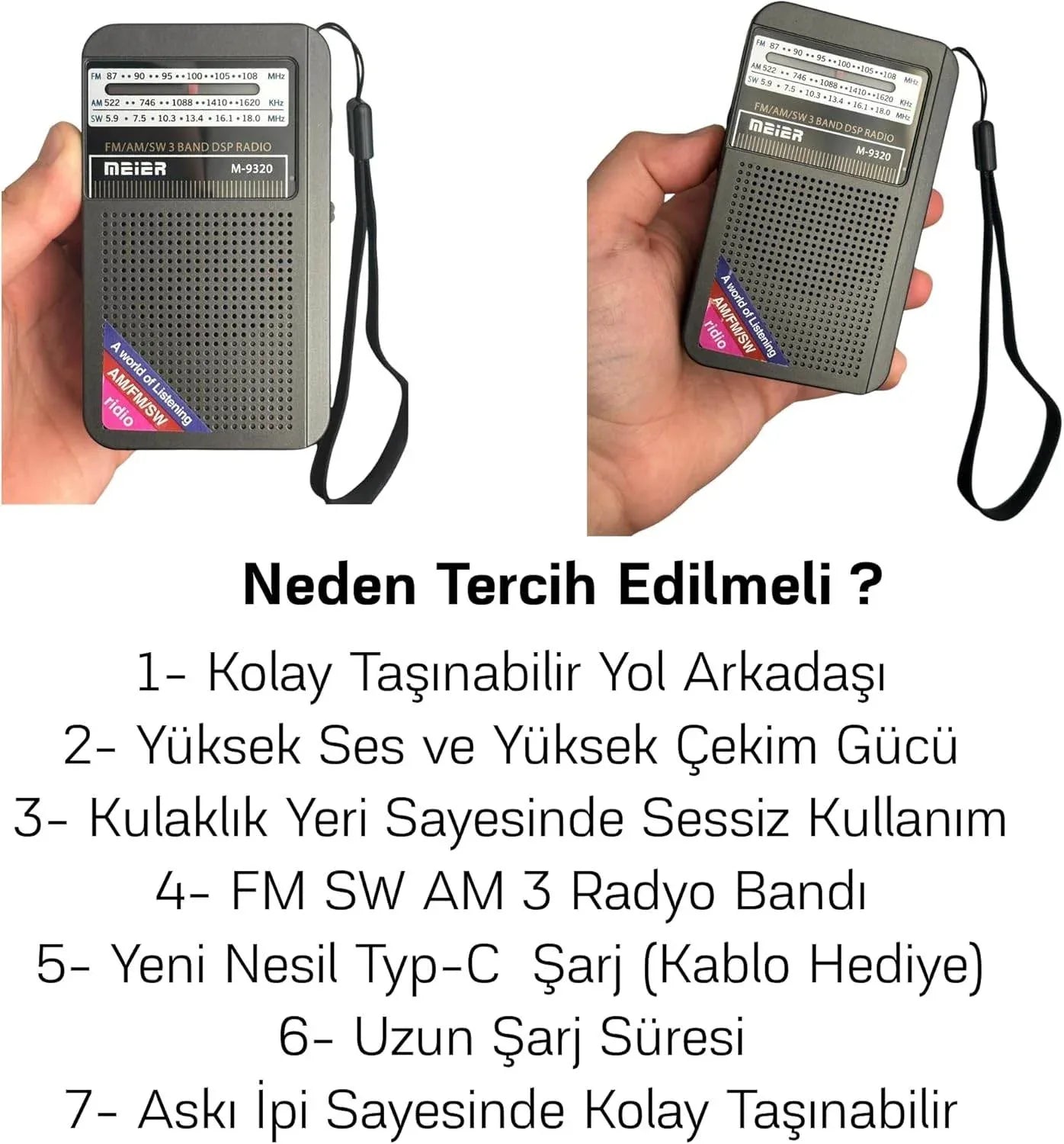 Meier m-9320 minimalist cep radyo fm/am/sw usb sarj edilebilir kulaklık takılabilir