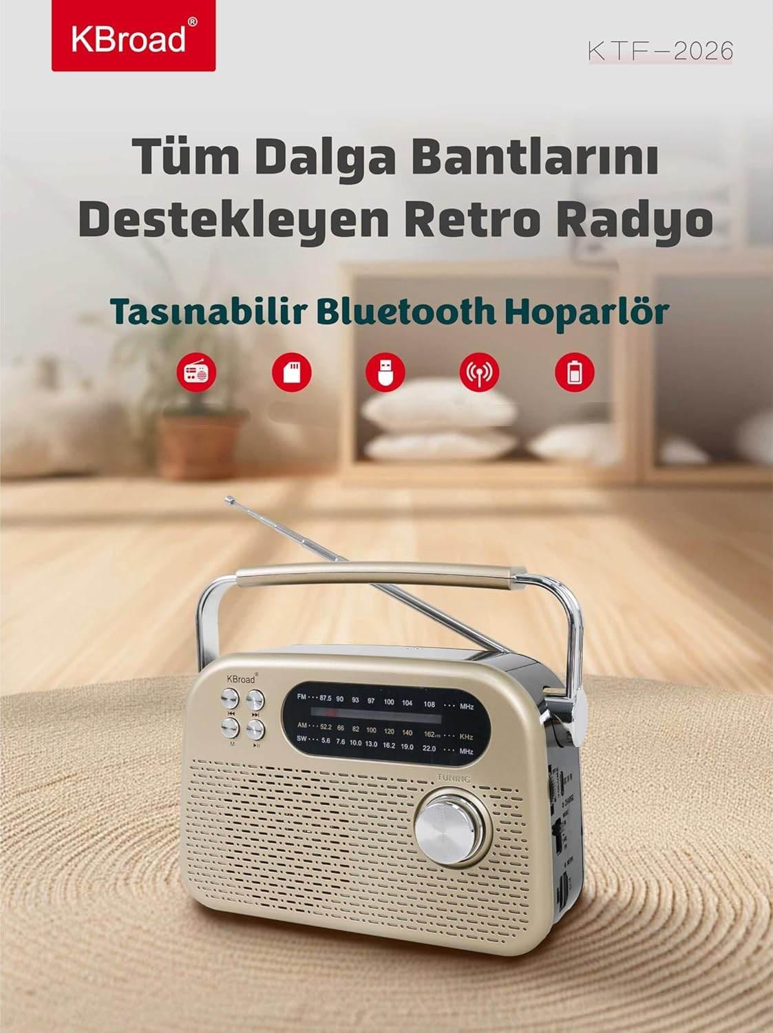 KTF-2026 nostaljı radiolu sm usb sd hafıza destekli bluetooth hoparlör