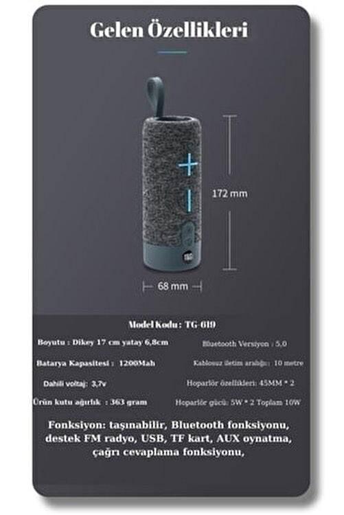 Tg-619 kumaş dokulu 10w 1200mah stereo fm radyo sd kart usb aux destekli 5,0v taşınabilir bluetooth hoperlör
