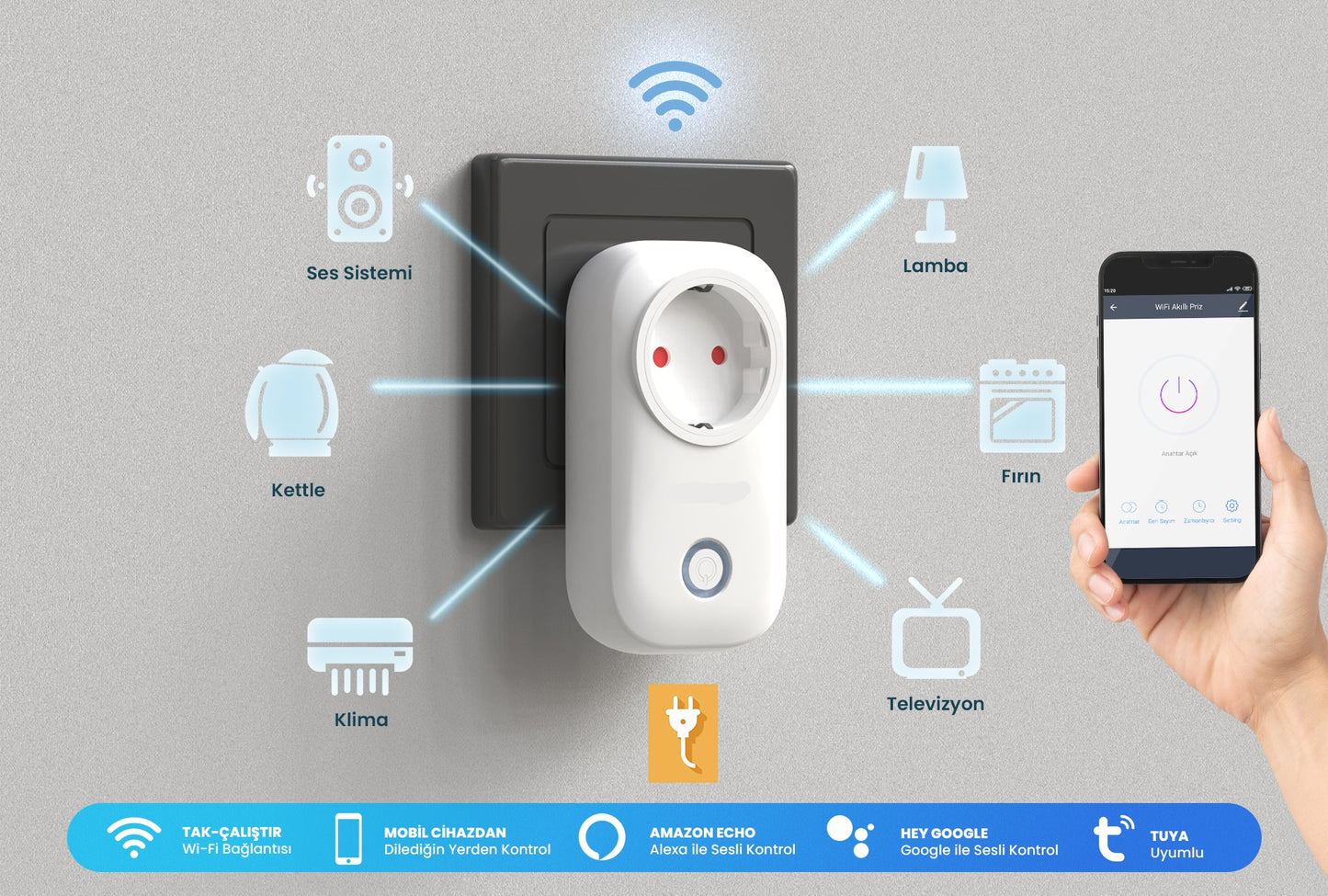 Akıllı Wi-Fi Priz 16A 3500W - Uzaktan Kontrol, Zamanlayıcı ve Sesli Komut Desteği (Ateşe Dayanıklı)