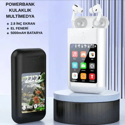 BUKU Carrying Treasure A98 - 3'ü 1 Arada Powerbank (8000mAh), TWS Bluetooth Kulaklık, AMOLED Dokunmatik Ekranlı Akıllı Cihaz - ANC Gürültü Engelleme, Telefon Şarj, Müzik ve Çağrı Kontrol
