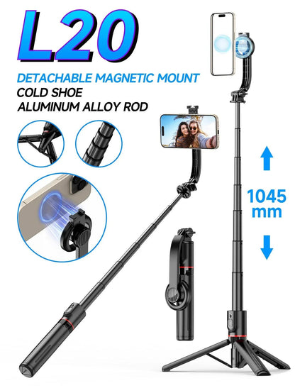L20 1045mm uzayabilir katlanabilir selfie stick | tripod standlı, mıknatıslı, 360° döner başlıklı, bluetooth kontrollü