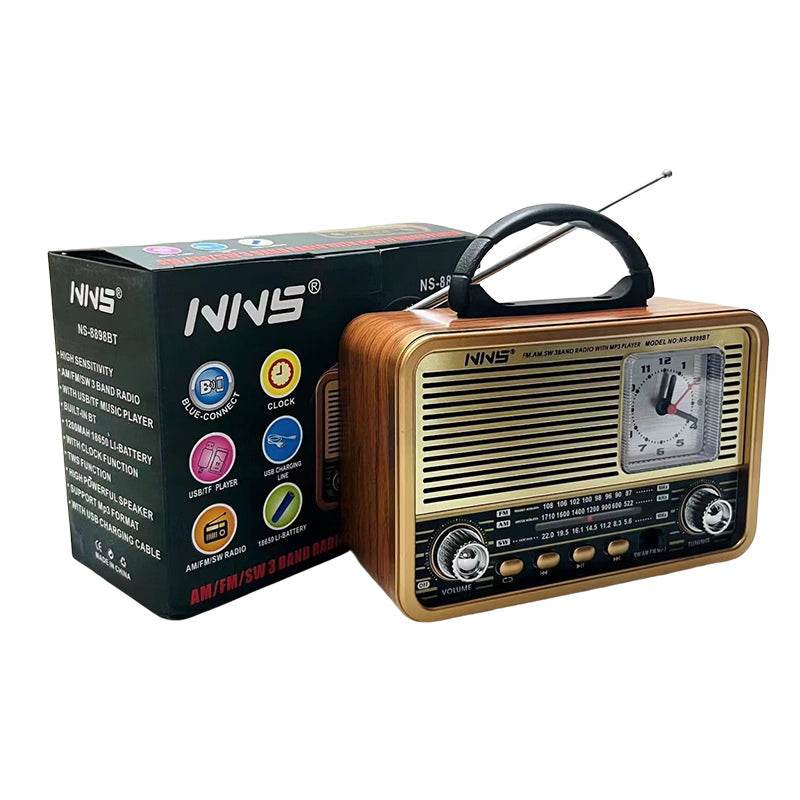 Nns ns-8898bt masa üstü saatlı nostaljik usb/tf/am/fm/radyo destekli bluetooth hoparlör
