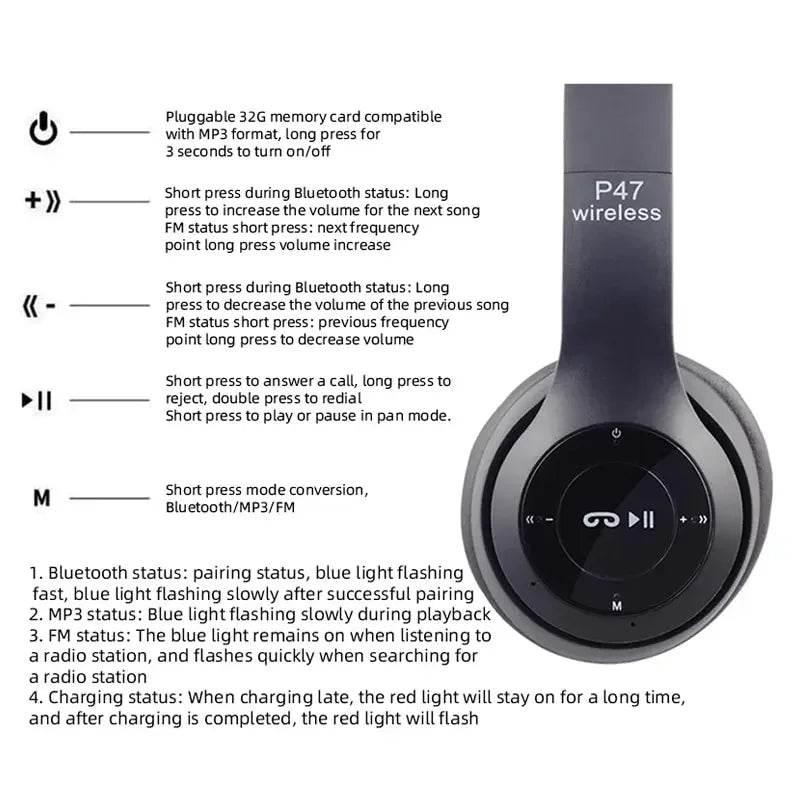 P47 hafıza kart aux destekli kafa üstü bluetooth kulaklık